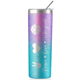 Onebttl Volleyball Gifts for Teen Girls & Team, Stainless Steel Kids Volleyball Tumbler, Double Wall Vacuum Insulated Bottle with Lid and Straw 20oz - Peace Love Volleyball (Glitter Purple Blue)