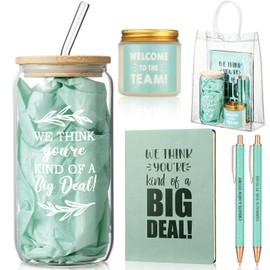 Thenshop 6 Pcs Welcome to the Team Gifts Bulk for New Employee Inspirational Glass Tumbler Notebook Pens Scented Candle with PVC Bag Employee Appreciation Gift Set for New Coworker Office (Sage Green)