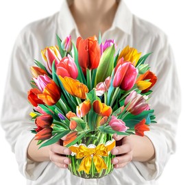 13.2 Inch Paper Flower Pop Up Cards, Flower Bouquet Card 3D Greeting Cards for Mother's Day, Graduation, Anniversary, Birthday, Congratulations, Get Well, Home Decor, with Envelope and Note Tulips