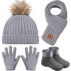 4 Pieces Kids Beanie Hat Scarf Gloves Socks Set Knit Winter Warm Set for Toddler (Grey)