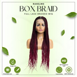 RAHELMO Single Full Lace Braid Wig Micro Box Braid Braided Wig, Knotless Braided Wigs for Black Women (#1B118 Off Black and Burgundy, 32")