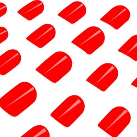 Red Press on Nails Short Square Fake Nails Solid Color False Nails with Design Glue on Nails for Women Acrylic Nails Coffin Stick on Nails Full Cover Manicure Art Press on Nail for Women Girls 24 Pcs