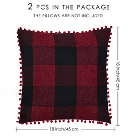 ORANIFUL Buffalo Check Cushion Covers 45 x 45 Set of 2 Linen Decorative Square Pom Poms Tartan Throw Pillow Case for Sofa Couch Bed Home Decor Car 18x18 Inches (Burgundy & Black)