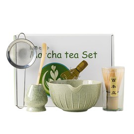 5 Pcs Matcha Kit, Match Bowl with Spout and Whisk, Matcha Scoop, Matcha Whisk Stand (Chasen Holder), Stainless Sifter, 5 Pcs Perfect Matcha Kit for Matcha Tea Ceremony (Mottled Green)