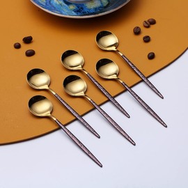 Gold Coffee Spoons Set of 6, Kyraton Stainless Steel 13.5cm Hammered Brown Handle Demitasse Spoons, Tiny Espresso Spoons, Small Mini Coffee Spoons, Dishwasher Safe