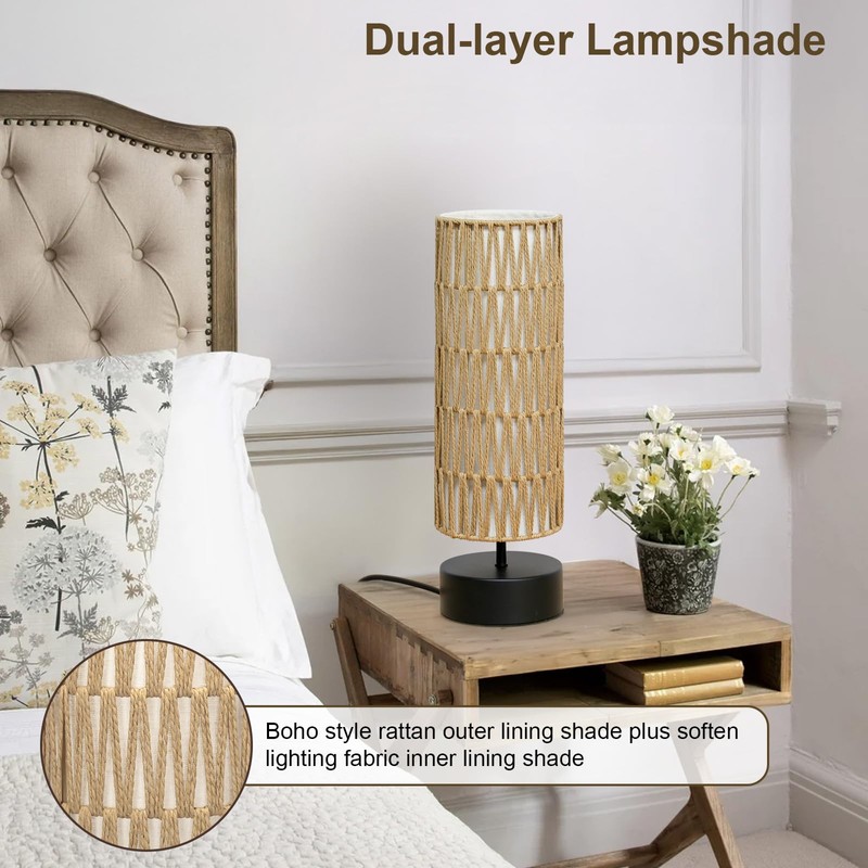 Rattan Table Lamp, Touch Control Bedside Table Lamp with Black