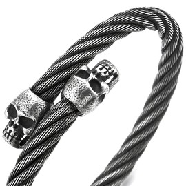 COOLSTEELANDBEYOND Adjustable Mens Women Skull Bangle Bracelet Steel Twisted Cable Cuff Bracelet Old Metal Finished