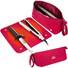 Hair Tools Travel Bag with Heat Resistant Mat and Lining, Portable 2 in 1 Hair Storage Bag for Curling Iron, Flat Irons, Straighteners and Haircare Accessories(Red)