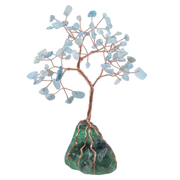 Nupuyai Handmade Natural Aquamarine Crystal Money Tree for Good Luck Wealth, Irregular Fluorite Base Bonsai Stone Tree Decor for Desktop Home Office