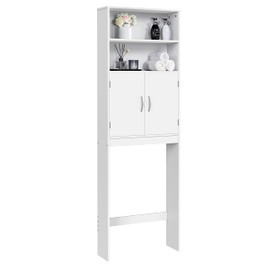 Topeakmart Over The Toilet Storage with 2 Doors & Adjustable Shelf, Free Standing Toilet Rack, Home Space-Saving Furniture with 2 Upper Open Compartments, L25xW8xH77 Inches, White