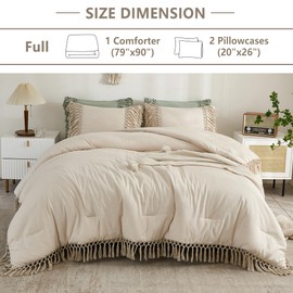 Andency Full Size Comforter Sets Beige, 3 Pieces Boho Bed Comforter Full, Lightweight Tassel Bedding Comforter Set, All Season Bed Set (79x90In Comforter & 2 Pillowcases)