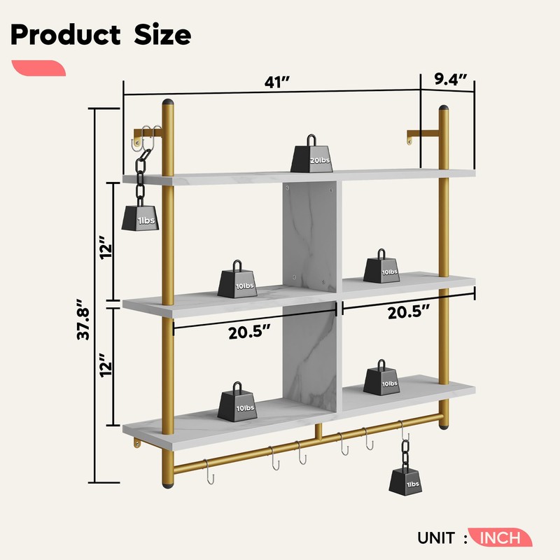 Bestier Kitchen Shelves Wall Mounted Floating Pipe Shelving 3 Tier