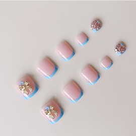 24 Pcs Press On Toenails for Women,YEFIUO Acrylic Fake Toe Nails Press ons Nail Art Bow Rhinestones Glitter Blue French Design Summer Full Cover False Nails Glue on Toe Nails Stick on Nails for Ma'am