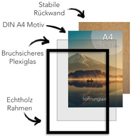 hoffnungsart Real Wood Frame DIN A4 (21 x 30 cm) Black Matt Lacquered with Narrow Poster Frame for Hanging or Standing