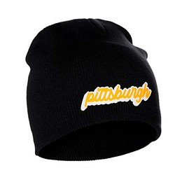 I&W Classic USA Cities Winter Knit Cuffless Beanie Hat 3D Raised Layer Letters, Pittsburgh Black, White Gold
