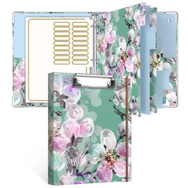 Rouidr Mini 3 Ring Binder with Clipboard, 1 inch Round 8.5 x 5.5 in Cute Binders Organizer with 5 Dividers Tabs & Clear Sleeves, School Supplies, Office Supplies, Plum Flower