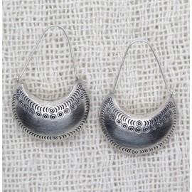 Sterling Silver Large Crescent Boho Statement Earrings, Handmade Half Moon Shape Hippie Gypsy Ethnic Bohemian Hoops Earrings