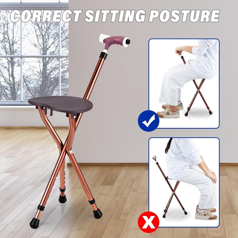 Folding Cane Seat Sturdy Lightweight Adjustable Handle Legs with LED