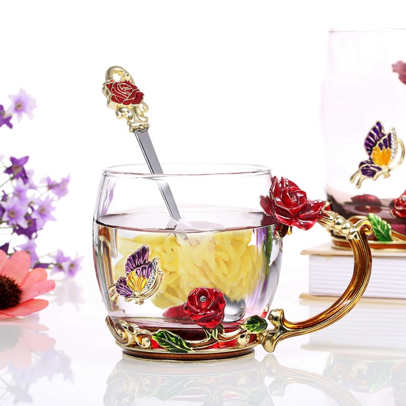 Glass Cup Innovative Flower Tea Cup with Spoon Drink Mug