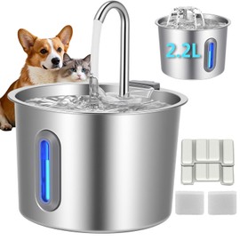Fuente de Agua para Gato 304 Acero Inoxidable, 2.2L Bebedero para Gatos con 5 Etapas de Filtración, Reserva de Emergencia y Bomba Ultra Silenciosa