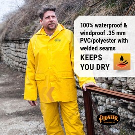 Pioneer Repel Rain Gear Safety Jacket & Bib Pants -Waterproof & Windproof PVC Work Suit for Men - 3 PC with Detachable Hood