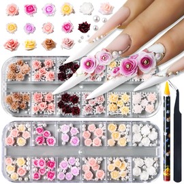 Flower Nail Charms, 2 Box 3D Camellias Rose Floral Nail Jewelry with Nail Pearls,Colorful Flowers Charms for Nails Manicure Decoration DIY Resin Crafts