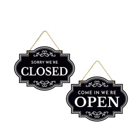 DWENT Open Closed Sign for Shops - Double-Sided 11x8 Inch MDF Business Sign with Rope, Customisable Vintage Design for Storefronts, Cafes & Retail (Black/White) DWENT Open Closed billboard for Shops