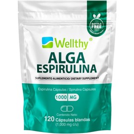 Wellthy Superfoods Alga Espirulina 120 Cápsulas. 100mg, Cápsulas Blandas, Bottle Free.