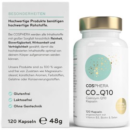 Cosphera Coenzym Q10 - Hochdosiert mit 250 mg pro Kapsel. 120 vegane Kapseln im 4 Monatsvorrat - Angereichert mit Biotin & Niacin als Beitrag zum Erhalt normaler Haut & für einen normalen Energiestoffwechsel.