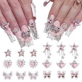BMKKOT Star Nail Charms for Nail Art 18Pcs Bling Butterfly Nail Art Charms Y2K Starlight Nail Gem Pink Heart Nail Rhinestone Multi Style Design Nail Jewelry Star Charms Nail Supplies Decor Accessories