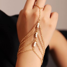 Aneneiceera Boho Layered Chain Bracelet Finger Chain White Bead Link Wrist Chain Harness Hand Chain Gold Layered Slave Bracelet Vintage Multi-layer Bracelet Jewellery for Women Girls