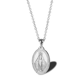 Stainless Steel Oval Virgin Mary Necklace,Religious Jesus 18K Gold Plated Necklace,Christ Medallion Coin Women Necklace (Silver)