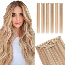 Elailite Hair Extensions Clip In Real Human Hair Remy Single Clip Double Weft 6 Pcs Seamless Highlights Hairpieces Straight - #12/613 Golden Brown Mix Bleach Blonde - 10 Inch 31g
