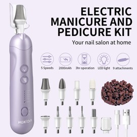 AOMEES Electric Nail Cutter Set, Manicure Pedicure Set, Foot Care Electric with 9 Attachments for Nail Care, with 5 Speeds, LED Light, Storage Bag (Blue Purple)