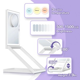 Travel Makeup Mirror with lights 3 Colors Lighting USB Rechargeable LED mirror, portable mirror with 10X Magnifying, Adjustable Height, 360°Rotation, Compact Folding Touch Screen Smart Cosmetic Mirror
