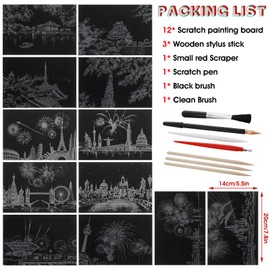 12 Sheets Scratch Painting Rainbow Paper, Sketch Pads DIY Art Craft City Series Night View Scratchboard Craft Art Kits with 6 Tools for Adults Kids Halloween Christmas(7.8 X 5.5 Inches(Style A))