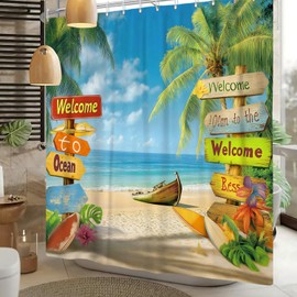 DASHAN Tropical Beach Shower Curtains for Bathroom Coastal Summer Shower Curtains for Bathroom Hawaiian Palm Tree Bathroom Curtain Ocean Nautical Waterproof Cloth Shower Curtain 72"x72"