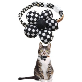 GoldTiger Elegante collar de gato a cuadros blanco y negro con flor, collar de seguridad separable y tamaño ajustable de 7.1-12.6 pulgadas para gatos pequeños a medianos (negro)