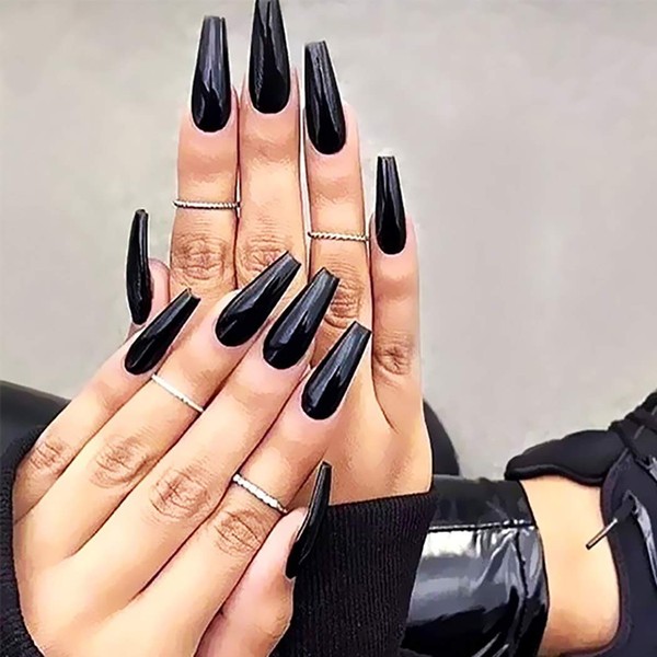 Brishow Coffin-Shaped False Nails Long Pure Colour Stick On Nails Ballerina Shiny Full Cover Acrylic False Nail Tips 20 Pieces for Women and Girls