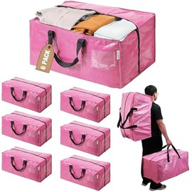 WORKPRO 6 Pack Extra Large Moving Bags with Zippers & Carrying Handles Backpack Straps, Heavy-Duty Storage Tote for Space Saving Moving Storage (Pink)