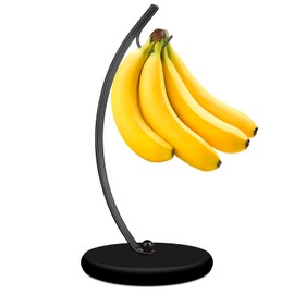 HOMKULA Banana Holder Stand - Banana Hook Hanger, Banana Tree Holder, Banana Rack for Kitchen Counter, Stainless Steel&Wooden Base, Full Black K9
