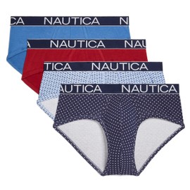 Nautica Men's 4 Pack Classic Cotton Stretch Briefs, DELF Biking Red/Anchor-Coastal Sky/Peacoat/Dot Print