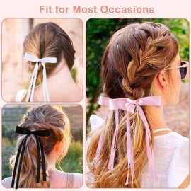 6Pcs Hair Bow Ribbon for Women Girls Black White Tassel Ribbon Bow Hair Clips Pink Satin Hair Ribbon Clips Solid Metal Bowknot Barrettes with Long Tail Cute Toddlers Teens Accessories Ponytail Holder