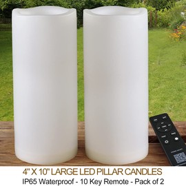 HOME MOST Pack of 2 Large White LED Candles Outdoor 4x10 - Unscented IP65 Waterproof Battery Powered Flameless LED Pillar Candles with Remote and Timer - Battery Operated Flameless Candles Flickering
