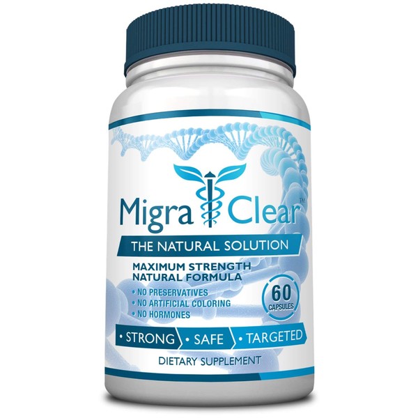 MigraClear - All Natural Migraine Support - Magnesium, Ginkgo Biloba, Ginger, White Willow, Feverfew - 60 Capsules - 1 Bottle