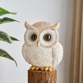 White and Gold Owl Statue - Cute Resin Figurine Home Decor for Desk Bookshelf Coffee Table, Gift for Owl Lovers, Office Living Room Bedroom Decor