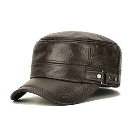Men's Winter Warm Leather Military Caps with Earflaps Flat Top Cadet Army Hat for Driving Hunting