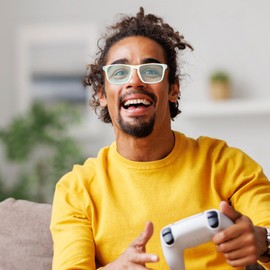 LEVEL UP Strike Blue Light Blocking Glasses - Computer Gaming Eyewear for Gamers to Filter UV Glare & Anti Eyestrain - Men, Women & Kids Clear Frame Spectacles w/Purple Lenses