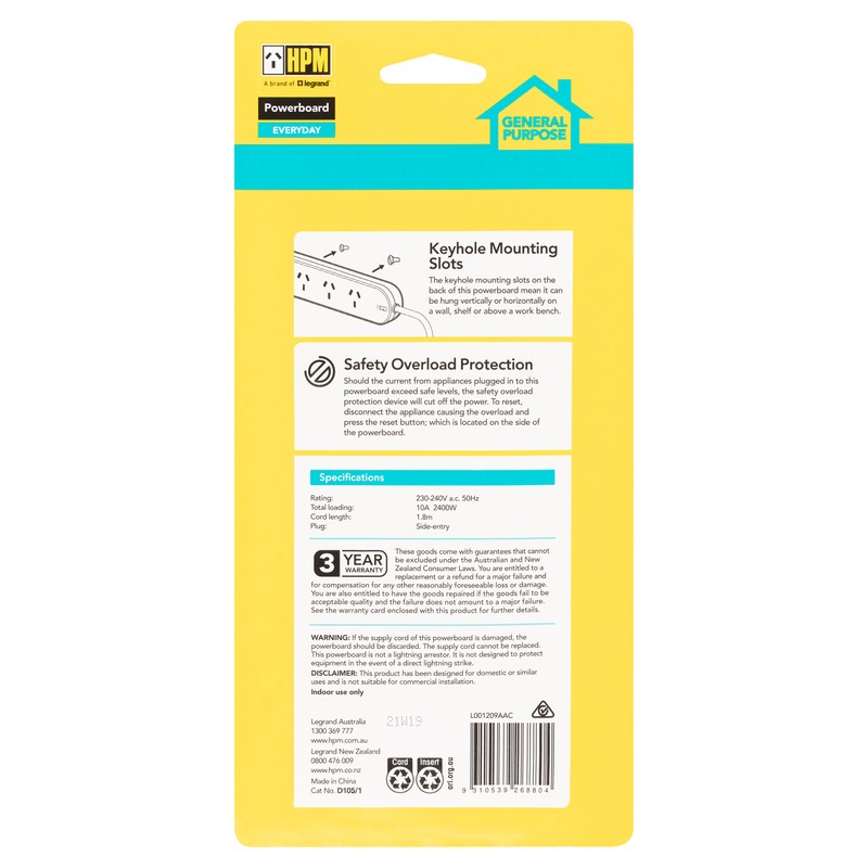 HPM 4 Outlet Overload Powerboard with 1.8 M Lead