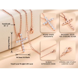 Ladylike 18K Rose Gold Plated Sterling Silver Moissanite Cross Pendant Necklace for Women, with 11 Pieces of 3mm VVS1, D moissanites,Small and Exquisite Necklace,16+2”inches Necklace Chain (Rose)